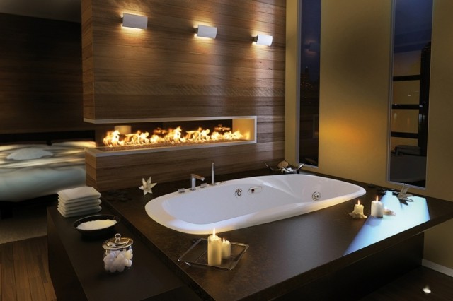 baño diseño artistico lugar fuego madera marron ilumina