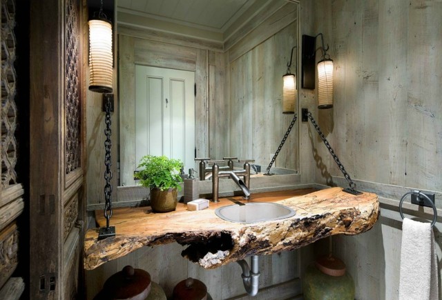 estilo rustico mesada lavabo madera idea interesante
