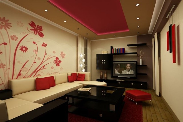 ideas salon dibujo flores pared rojo blanco combinacion 