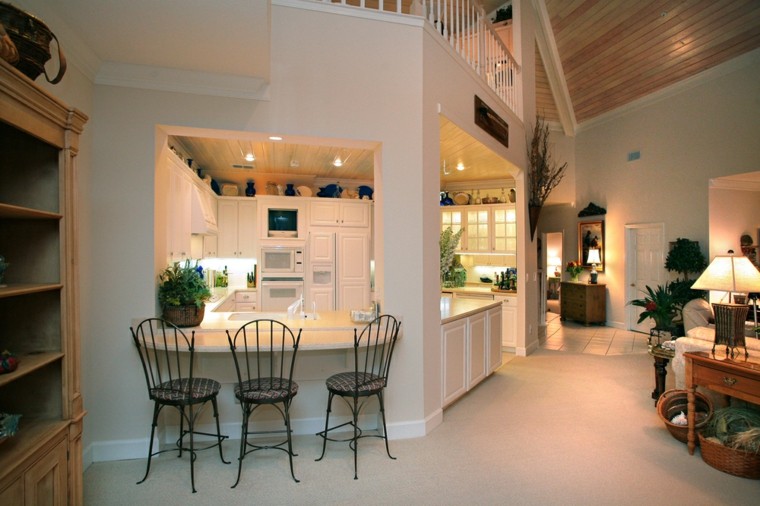 Cocinas blancas con muebles de madera muy modernas Ventana entre salon y cocina