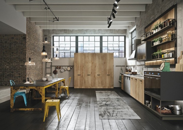 Loft y cocina con diseño de estilo industrial y rústico