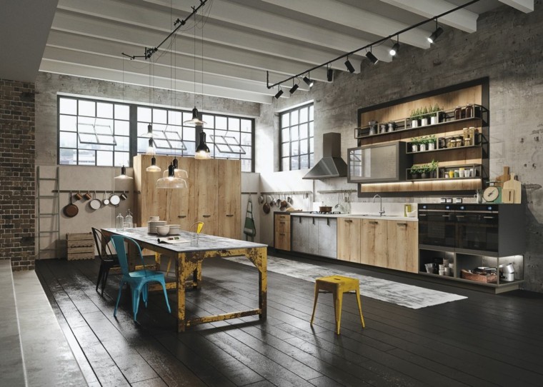 Loft y cocina con diseño de estilo industrial y rústico