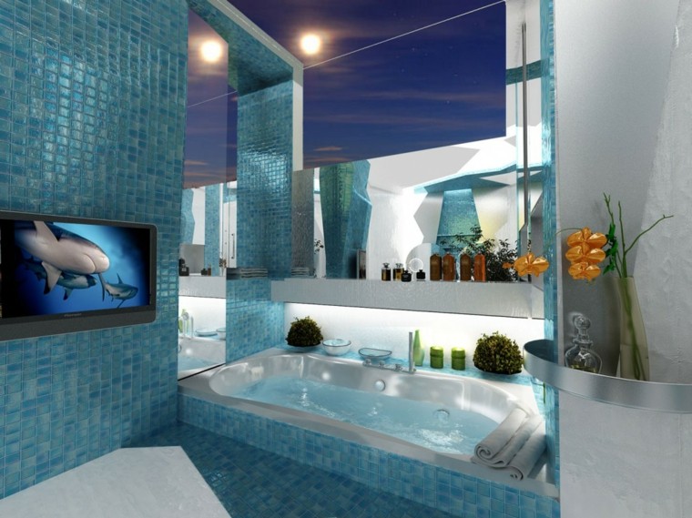 Azulejo para baño color azul ~ dikidu.com Baños azul con blanco y cenefa