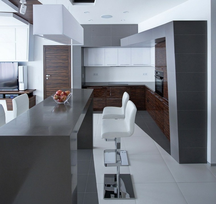 Barras de cocina de diseño moderno 50 ideas Cocina con desayunador y bar