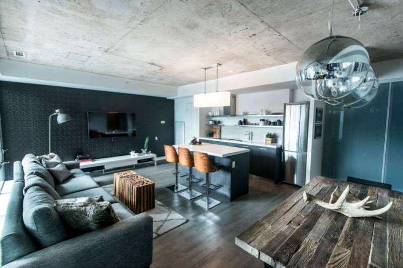 Decoración industrial en el salón, la cocina y el comedor Comedor y cocina americana