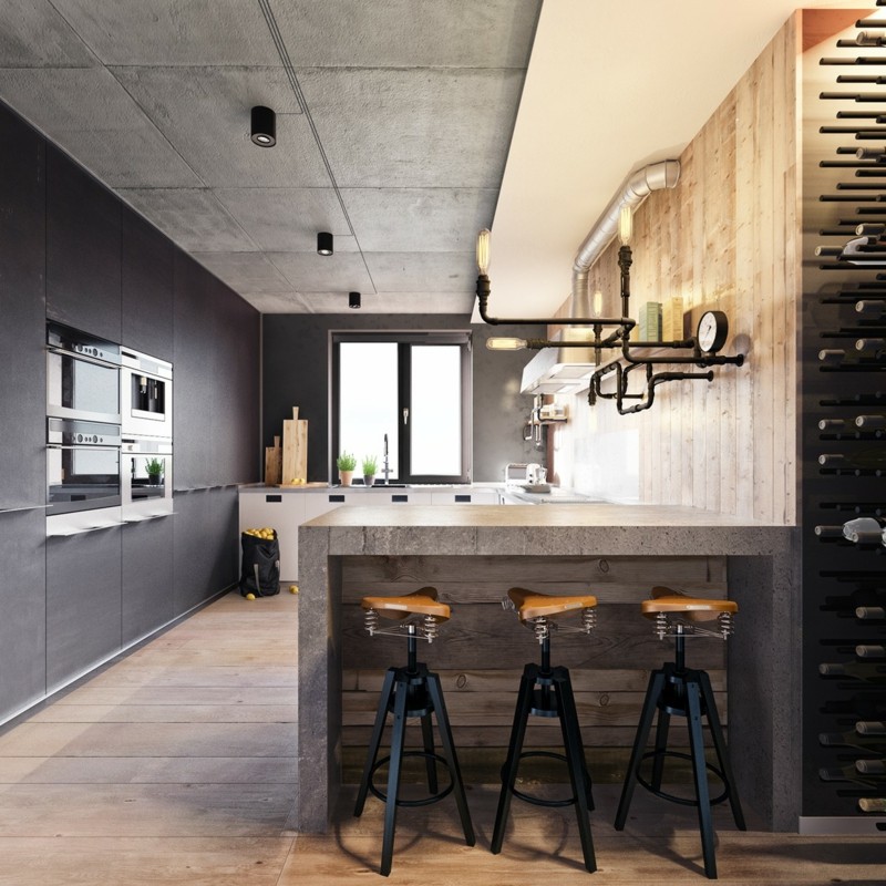 Decoración industrial en el salón, la cocina y el comedor Barra de cocina estilo americano