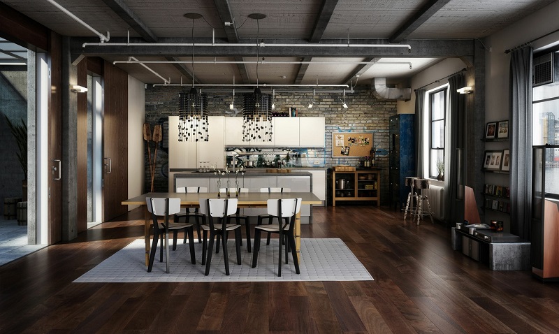 Decoración industrial en el salón, la cocina y el comedor