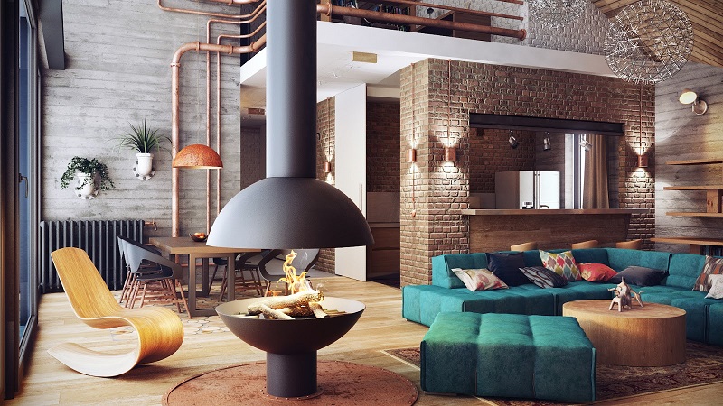 Decoración industrial en el salón, la cocina y el comedor