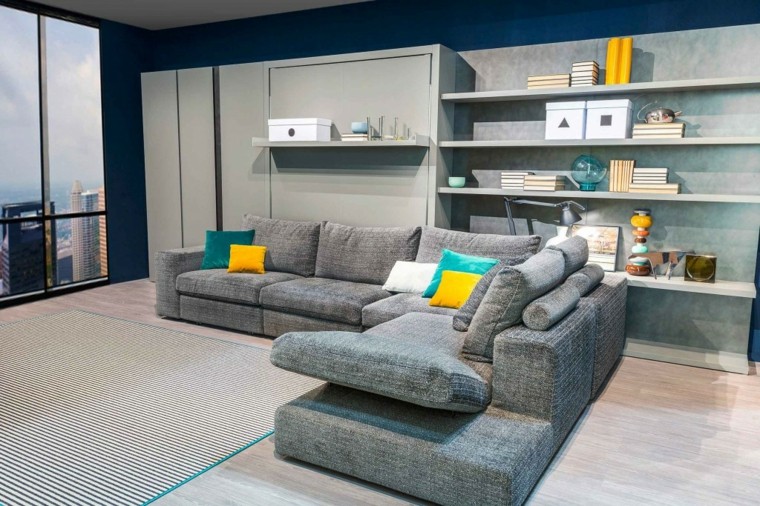 alfombra a rayas en azul y gris decorando el salón moderno decoracion salon precioso sofa preciosa ideas