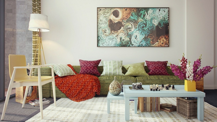 Decorar salon con acentos modernos, soluciones coloridas. Sala Colorida diseño