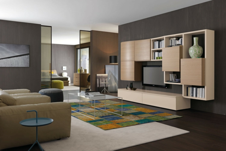 Muebles tv integrados con biblioteca 75 ideas modernas Muebles esquineros para sala modernos