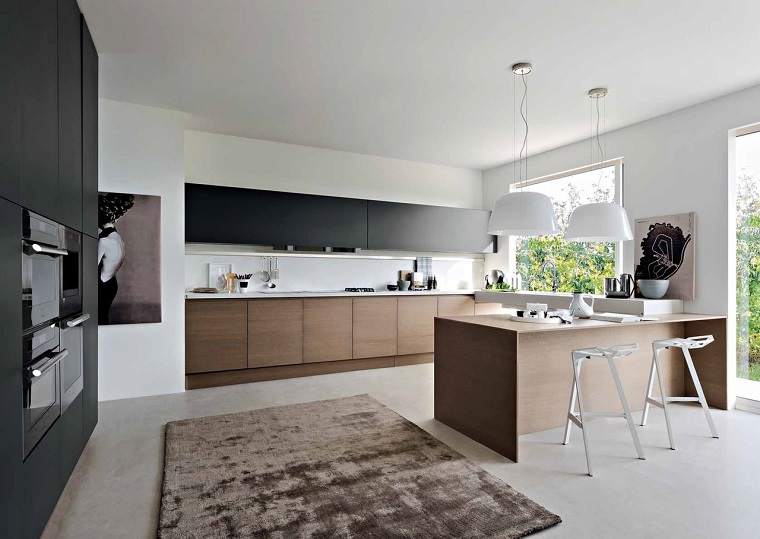 Fotos de cocinas con gabinetes negros y detalles en madera