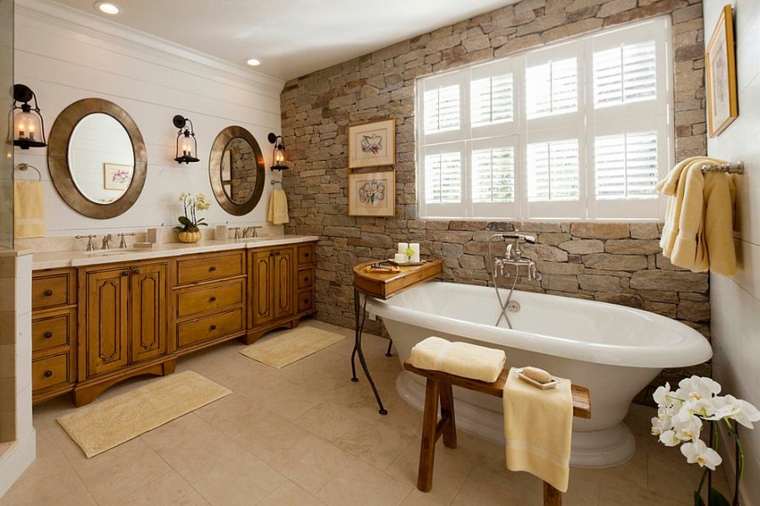 Cuarto de baño de madera y piedra 42 diseños