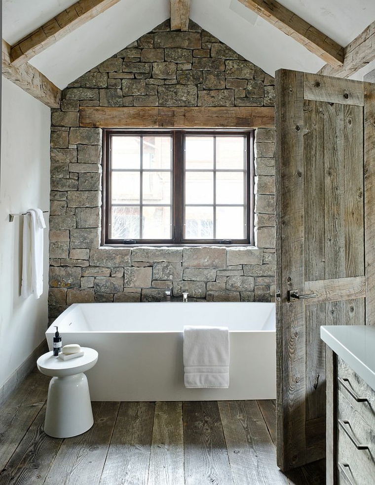Cuarto de baño de madera y piedra 42 diseños