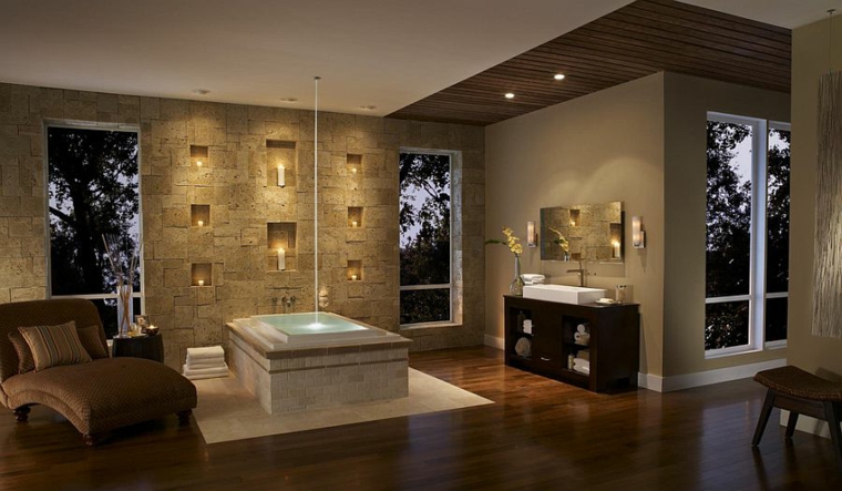 Cuarto de baño de madera y piedra 42 diseños
