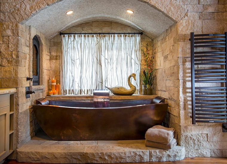 Cuarto de baño de madera y piedra 42 diseños