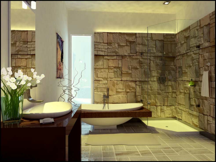 Cuarto de baño de madera y piedra 42 diseños