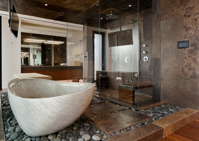 Cuarto de baño de madera y piedra 42 diseños