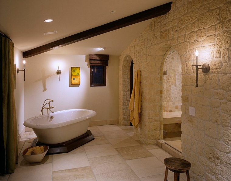 Cuarto de baño de madera y piedra 42 diseños