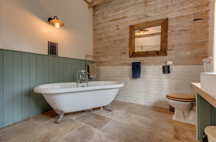 Cuarto de baño de madera y piedra 42 diseños