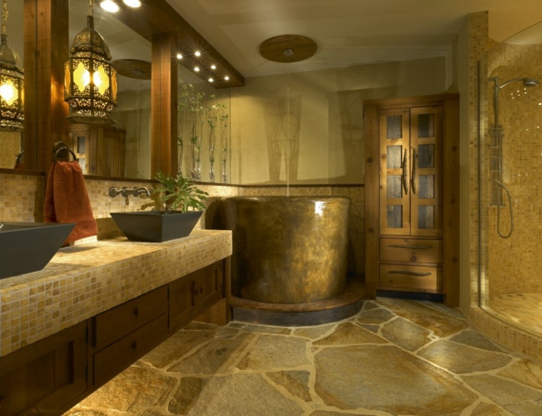 Cuarto de baño de madera y piedra 42 diseños