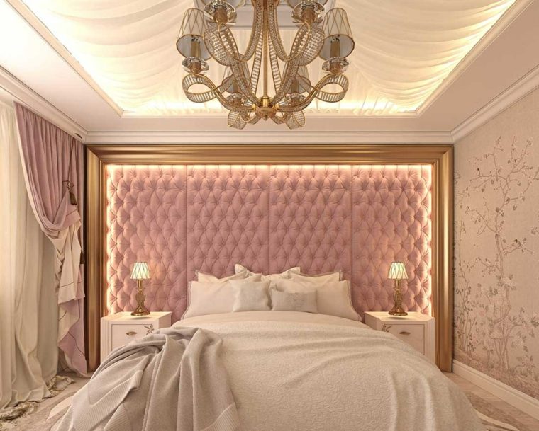 Color rosa en combinación con dorado para el dormitorio
