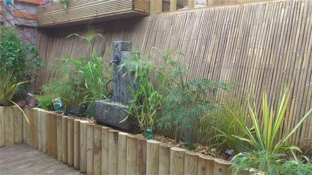 bambu cercado patio macetas plantas muro