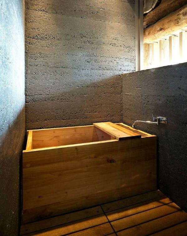 bañera lavabo minimalista madera pared