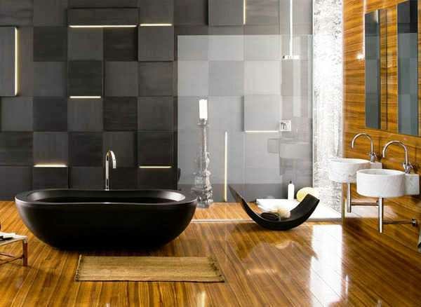  bañera negra suelo parquet moderno