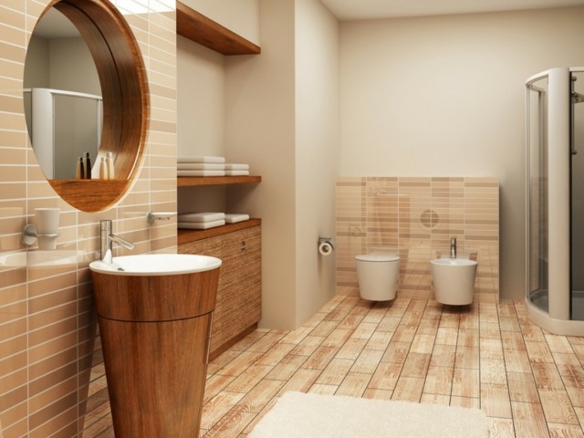 baño de diseño madera lavabo lineas ovuladas estanterias 