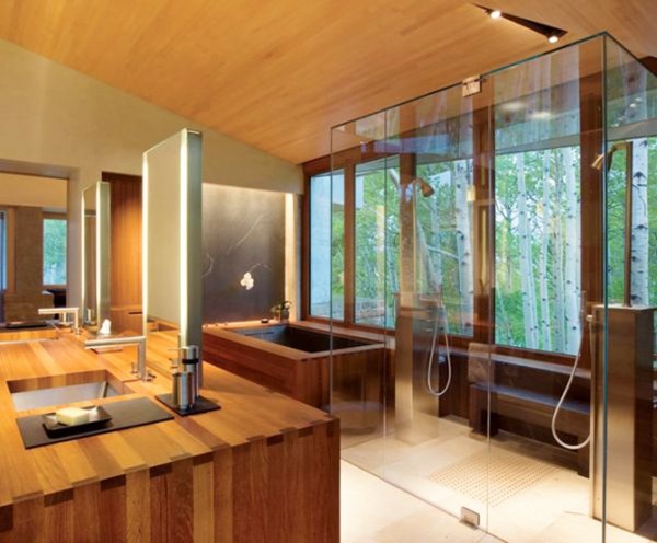 baño decoración madera vistas bosque