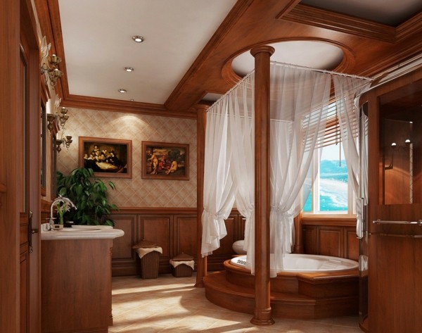 baño madera lujoso cortina mosquitera 