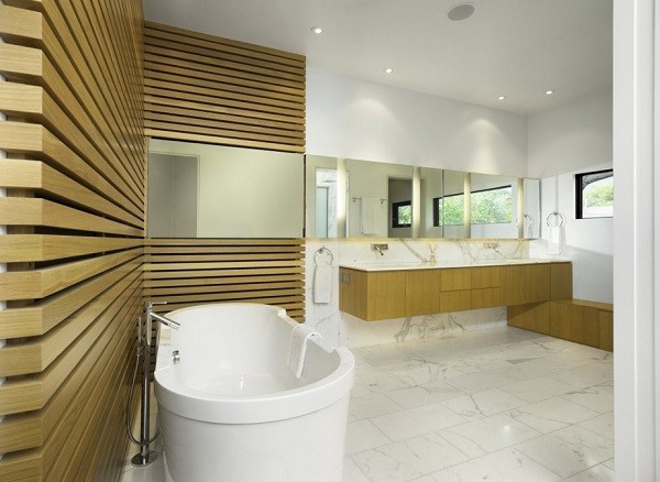 baño moderno paredes madera tablas