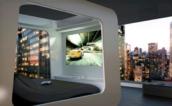 cama moderna futurista televisión 