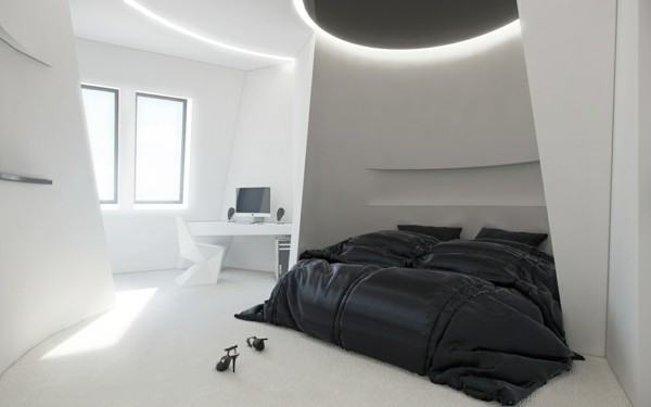 cama negra cuarto blanco minimalista