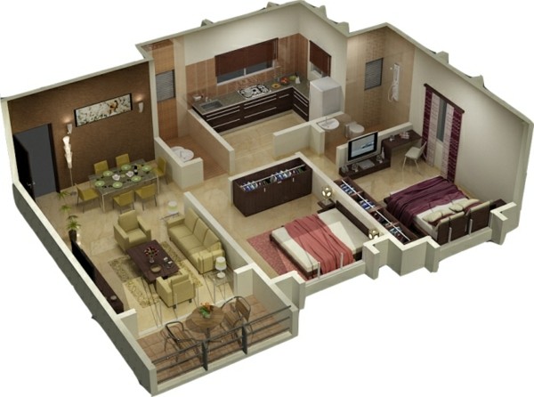 planos de casas pequenas con 2 habitaciones
