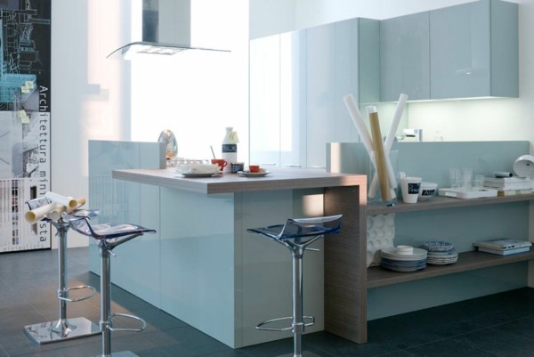 cocina celeste moderna taburetes altos
