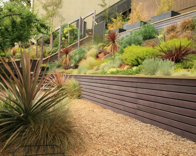 diseño de jardines madera grava suculentas
