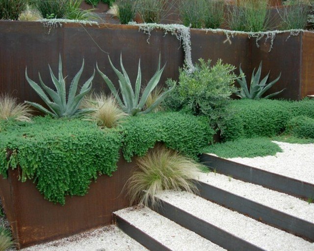 diseño de jardines muro metal plantas