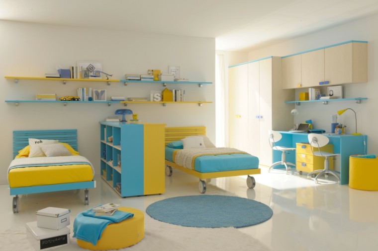 dormitorio infantil amarillo azul camas