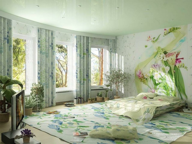 flores cortinas macetas plantas verde tonos