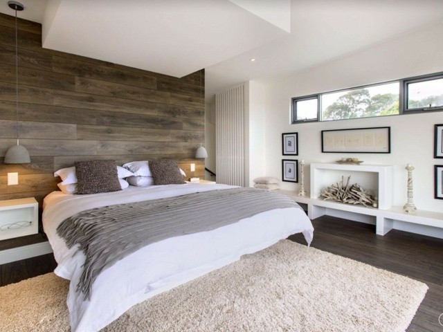habitacion madera moderna lamparas cuadros
