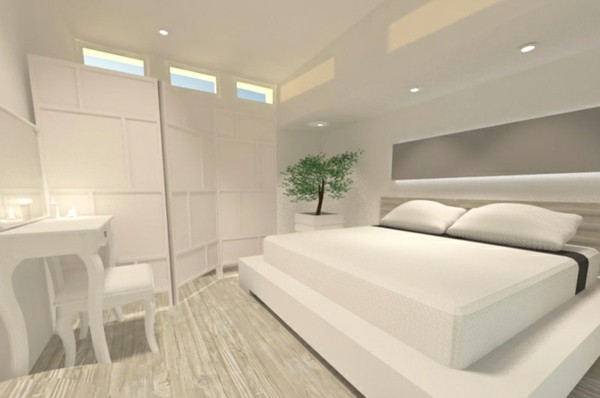 habitación blanca cama blanca planta