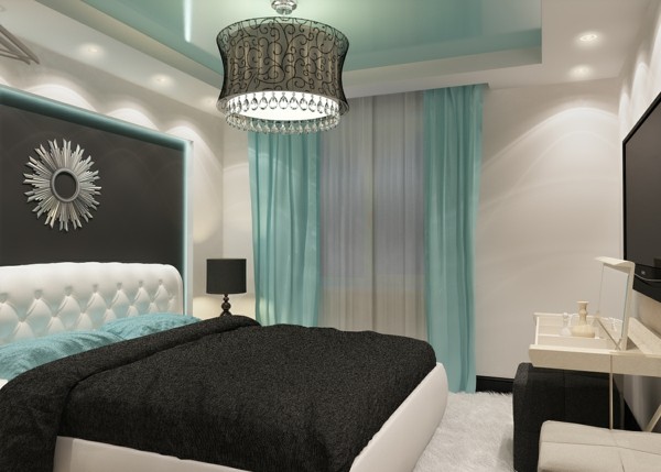 habitación celeste negro blanco moderna