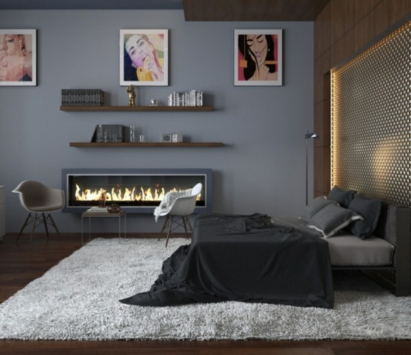 habitación chimenea rectangular gris moderna