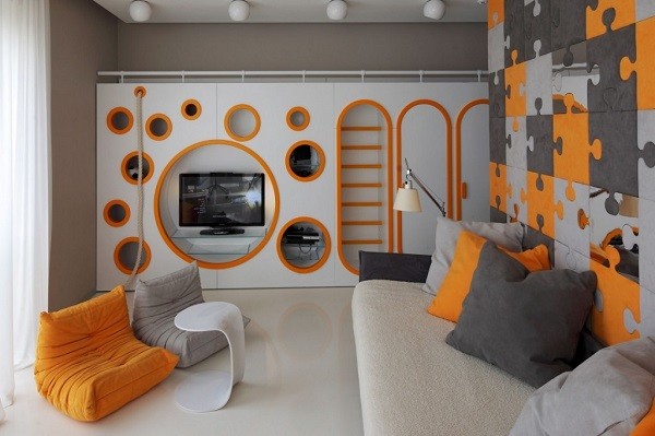 habitación puzle naranja gris moderna