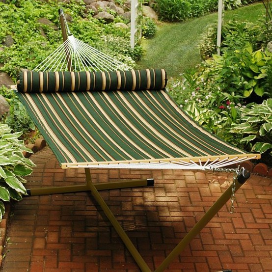 hamaca verde base madera colgante soporte