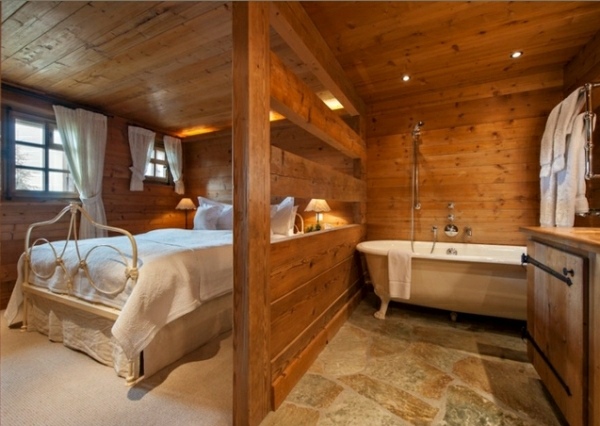 idea baño rustico abierto dormitorio suelo piedra madera