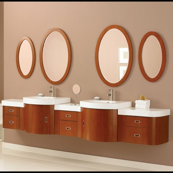 mueble lavabos espejos redondos madera