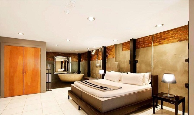 pared contemporanea cemento ladrillos madera